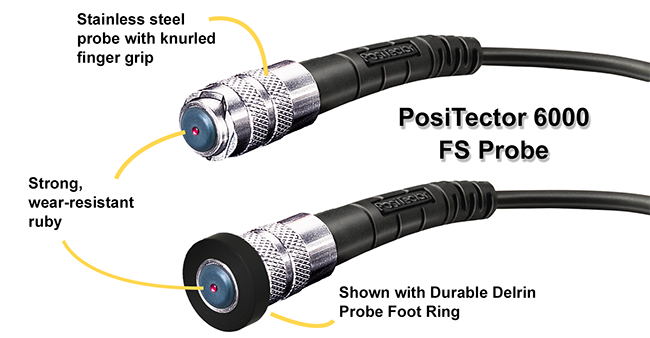 DeFelkso's new PosiTector 6000 wear-resistant ruby with and without the protective probe foot ring.